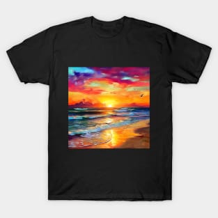 Color Ocean Beach Sunset Painting T-Shirt